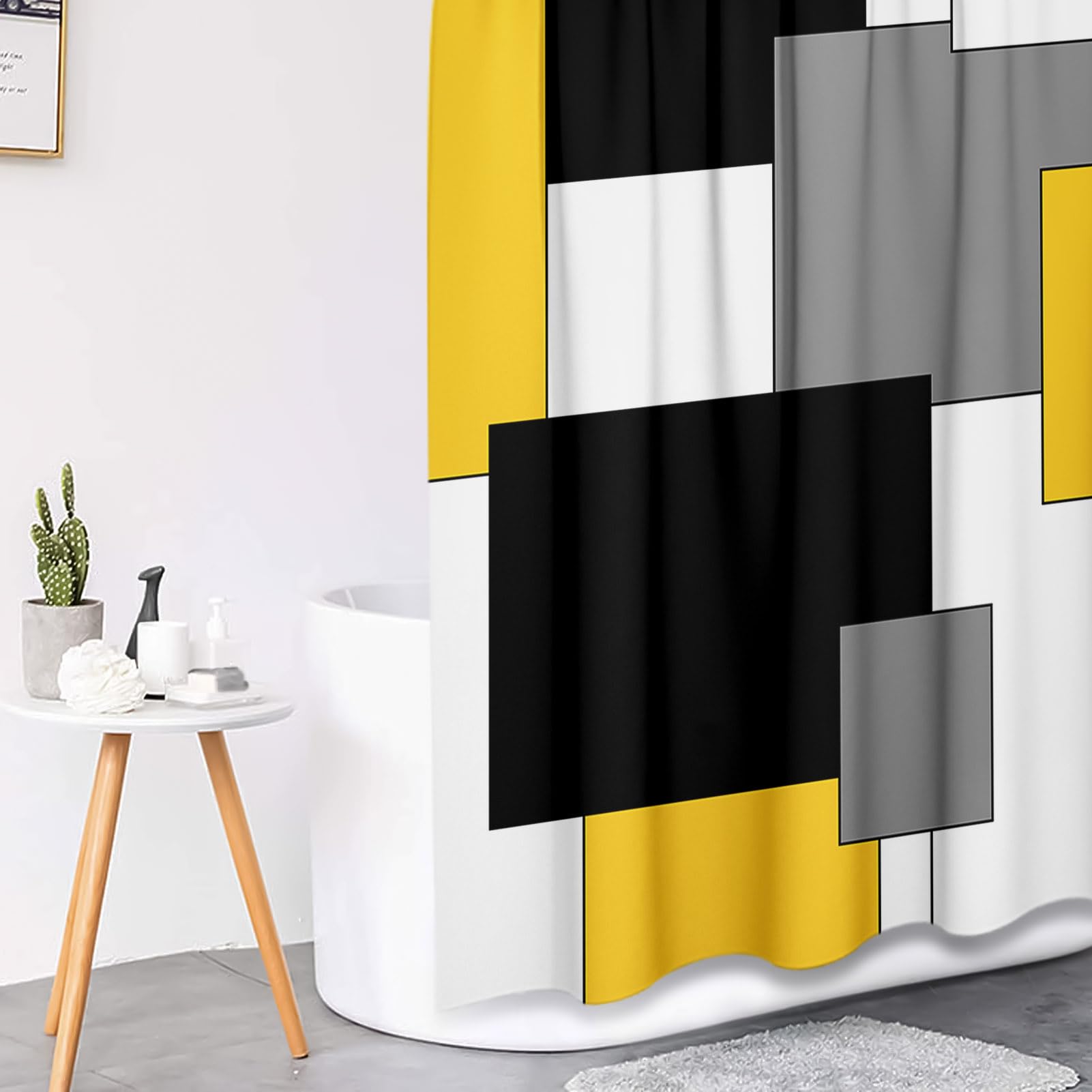 Tayney Geometric Shower Curtain Set - 4 Pcs, 72"W x 72"L, Abstract Yellow, Includes Toilet Lid Cover & Non-Slip Rugs, Polyester