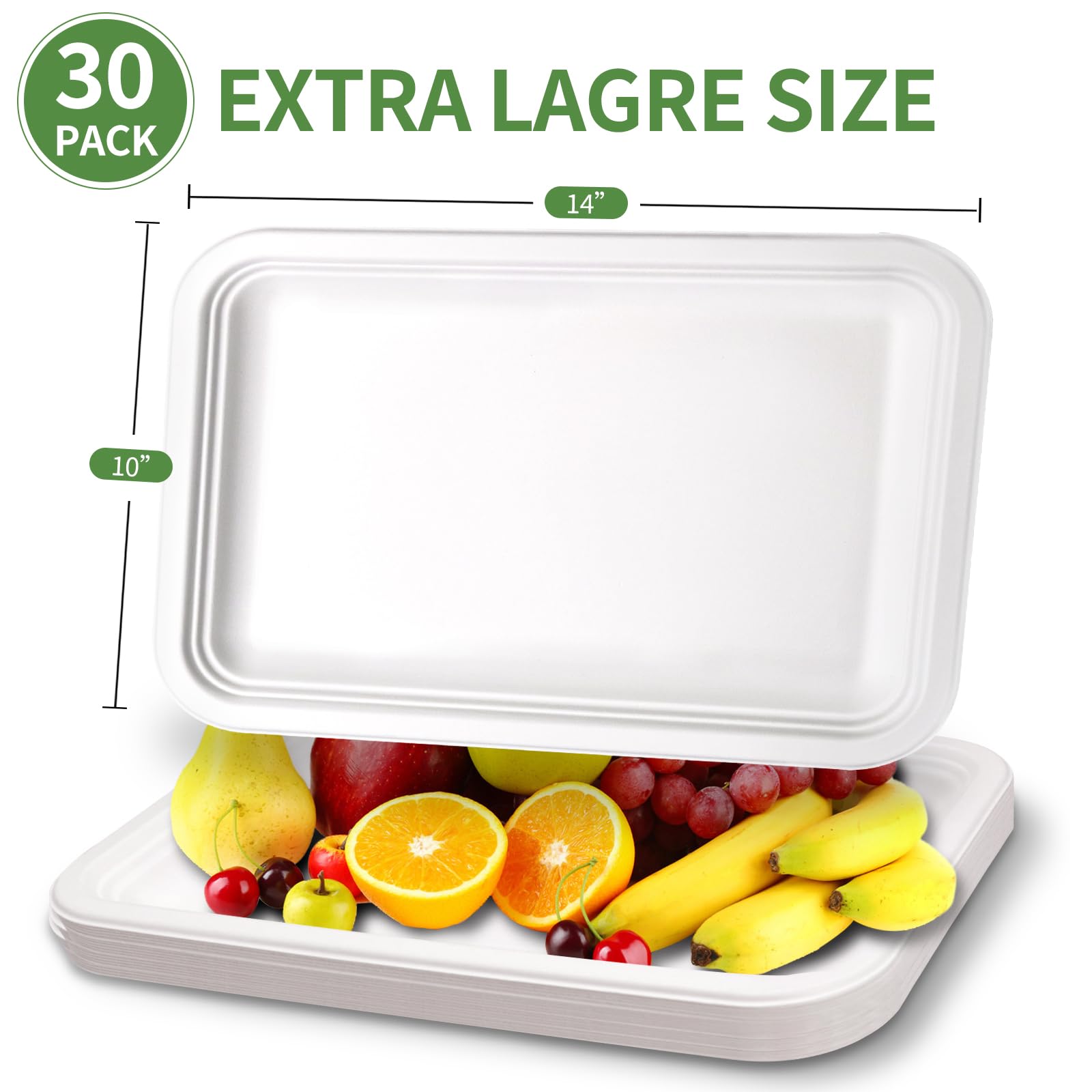 VEIZEDD 30Pack Compostable Food Trays 14 Inch Large Paper Plates Heavy Duty Disposable Serving Tray for Thanksgiving Turkey, BBQ