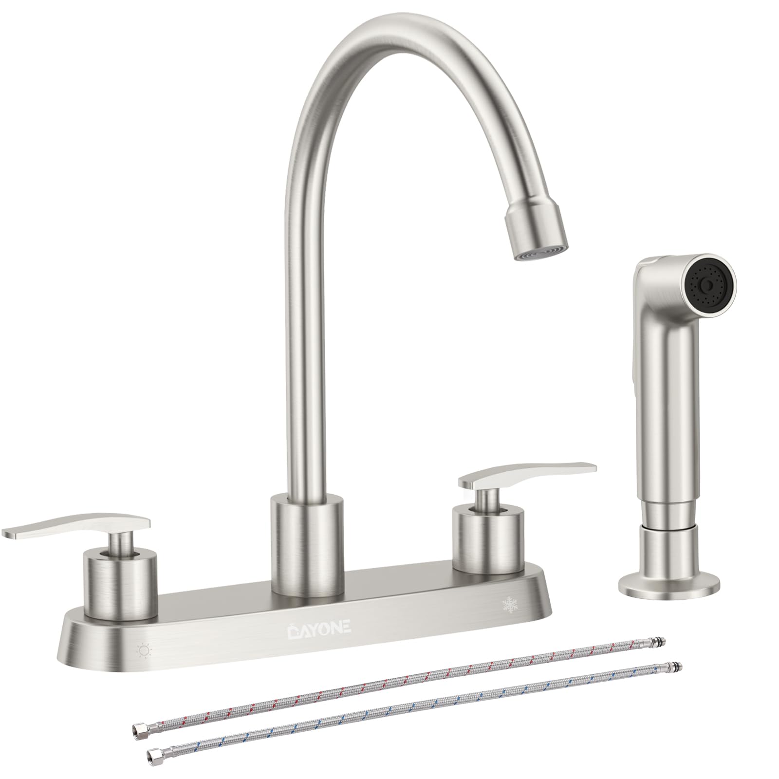 Dayone Kitchen Faucet With Side Sprayer 2 Handle Brushed Nickel, 8 Inches 4 Holes Centerset Kitchen Sink Faucet, Pull Out Stainl