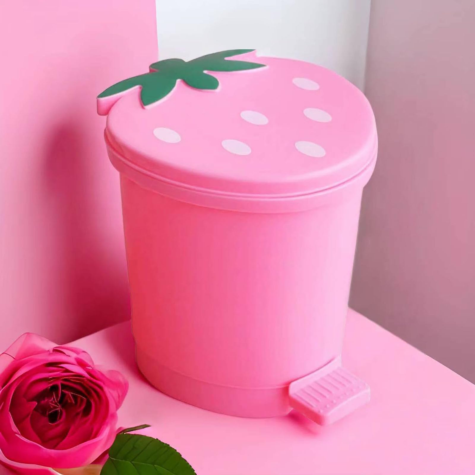Bxuxjar Strawberry Trash Can, 1 Gallon Desk Plastic Cute Trash Can Kawaii Small Srawberry Garbage Can For Bedroom With 5 Rolls G