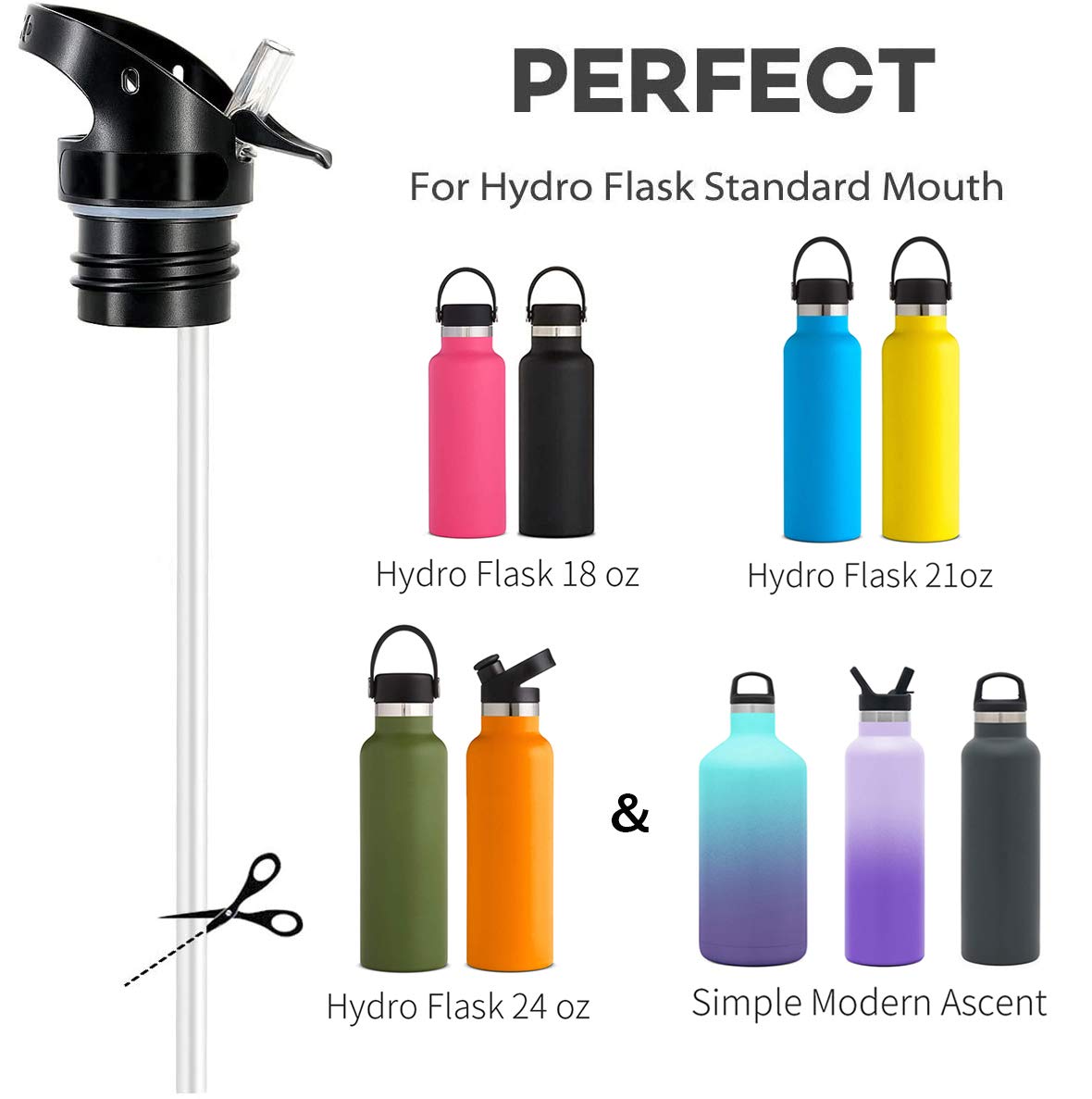 Straw Lid For Hydro Flask Standard Mouth, Simple Modern Ascent Lid With Straw. Improved Replacement Cap Multi-Compatible With 1.