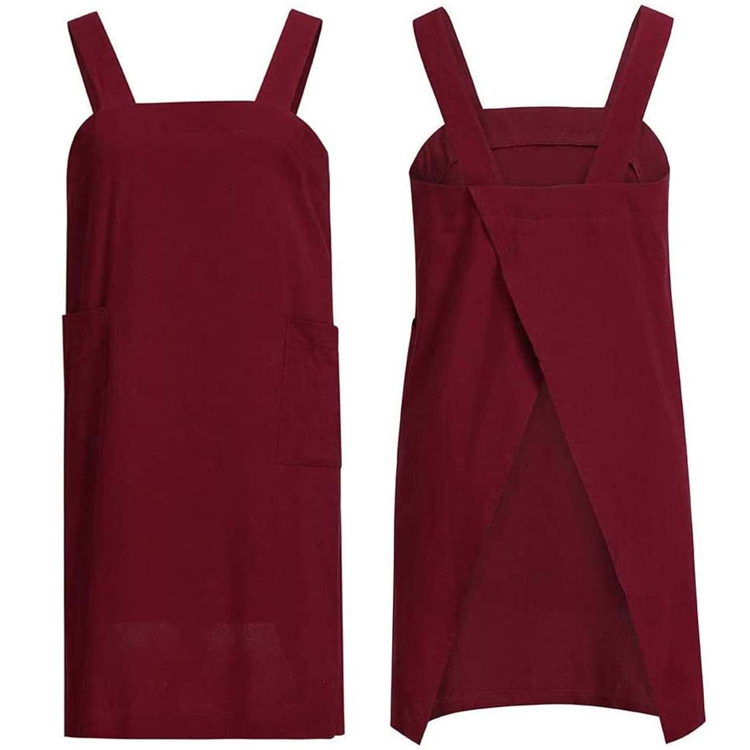 YESDOO Cotton Linen Apron Cross Back Apron for Women with Pockets Pinafore Dress for Baking Cooking Red Medium