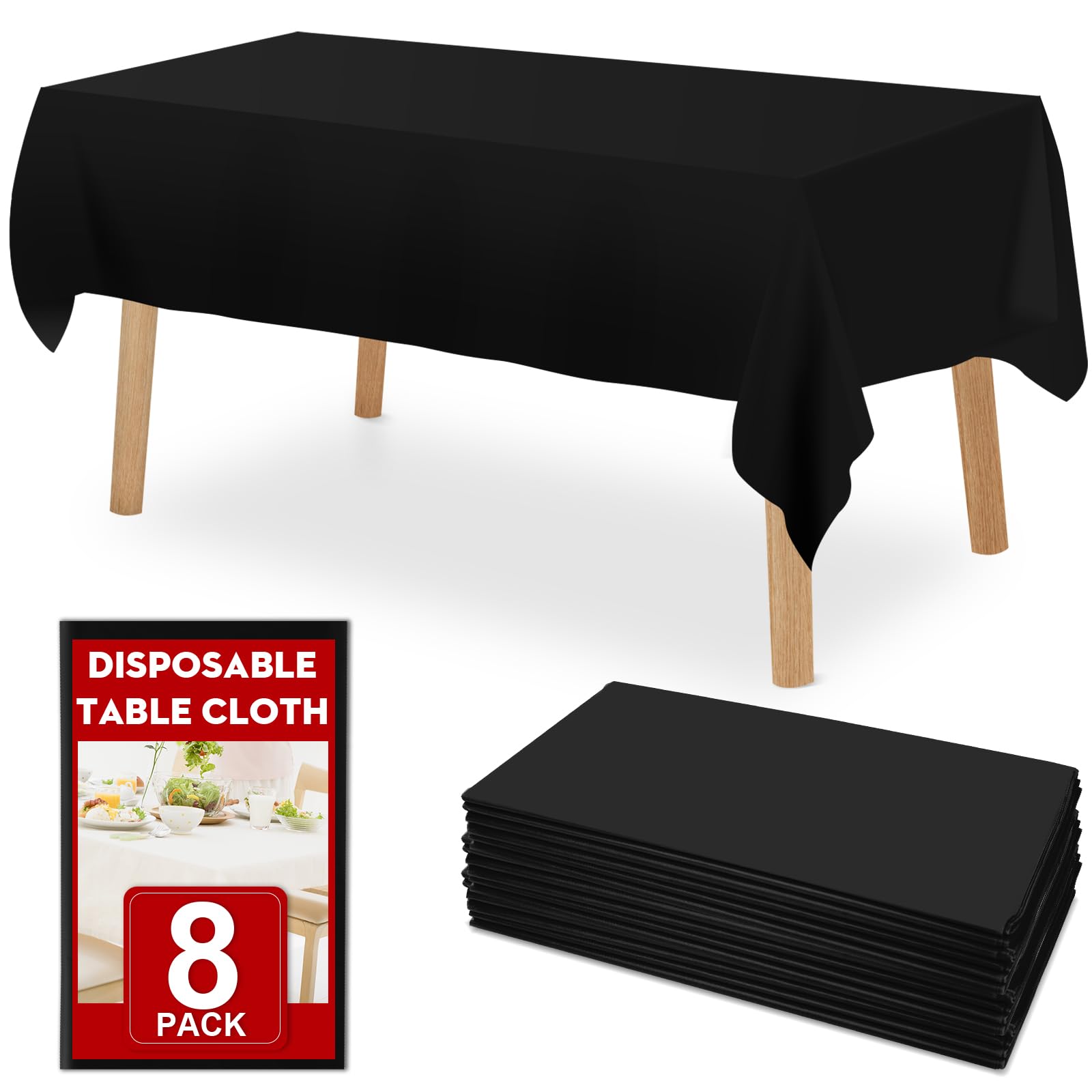 RowinsyDD 8 Pack Black Plastic Table Cloths Disposable, 54 x 108 Inches Plastic Table Cover for Rectangle Tables, Disposable Tab
