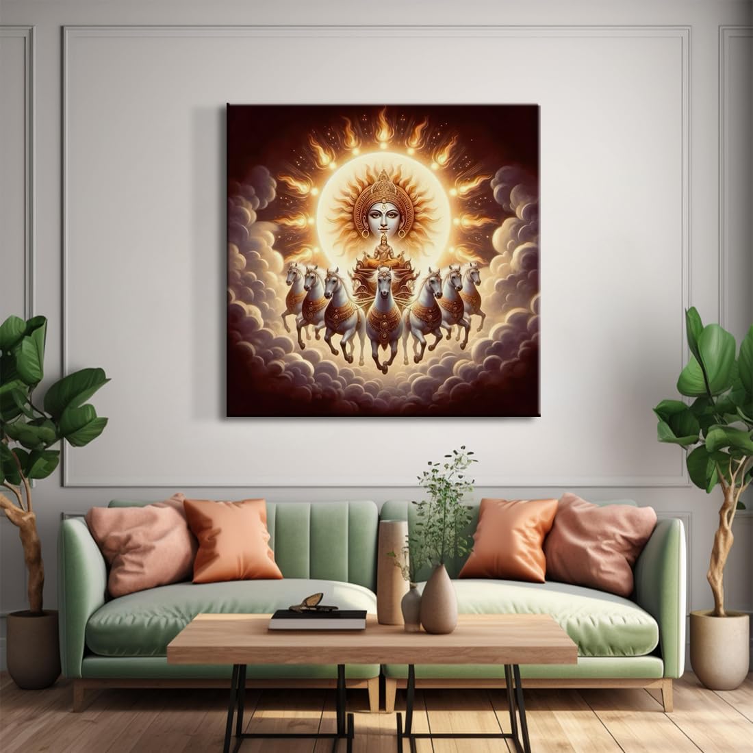 999STORE Canvas Wrapped Painting of Sun God Surya with Horses - Vedic Art for Modern Dcor - 24X24 Inches(FLP24X240544)