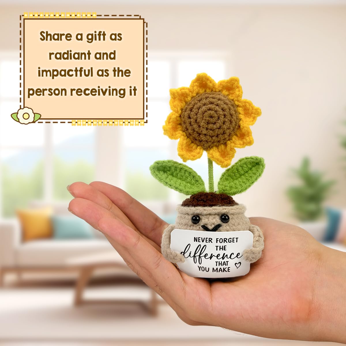 Tiny Detalles Mini Positive Crochet Sunflower, Cute Cheer Up Gifts for Women, Crochet Plant with Optimistic Card for Nurse Teach