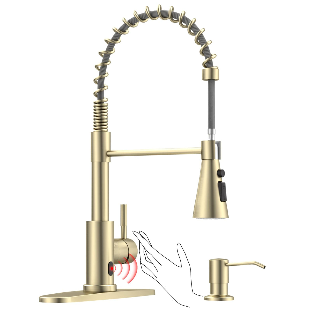 Dayone Brushed Gold Touchless Kitchen Sink Faucets With Soap Dispenser, Pull Down Smart Hands-Free Spring Faucet For Kitchen Sin