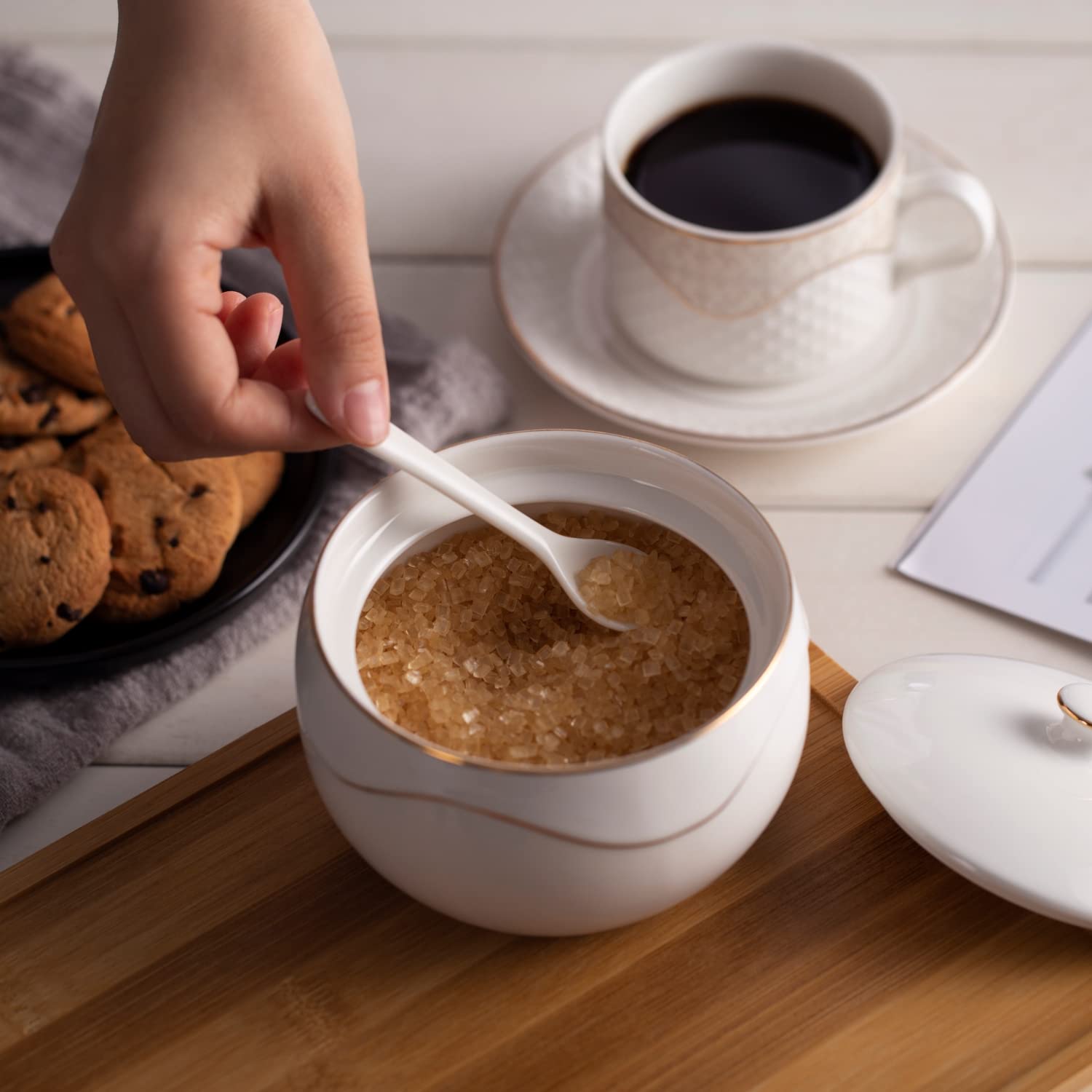 Kitchendao Porcelain Sugar Bowl With Lid And Spoon - Dust Free- Ceramic Sugar Holder Container For Countertop Kitchen Coffee, Di