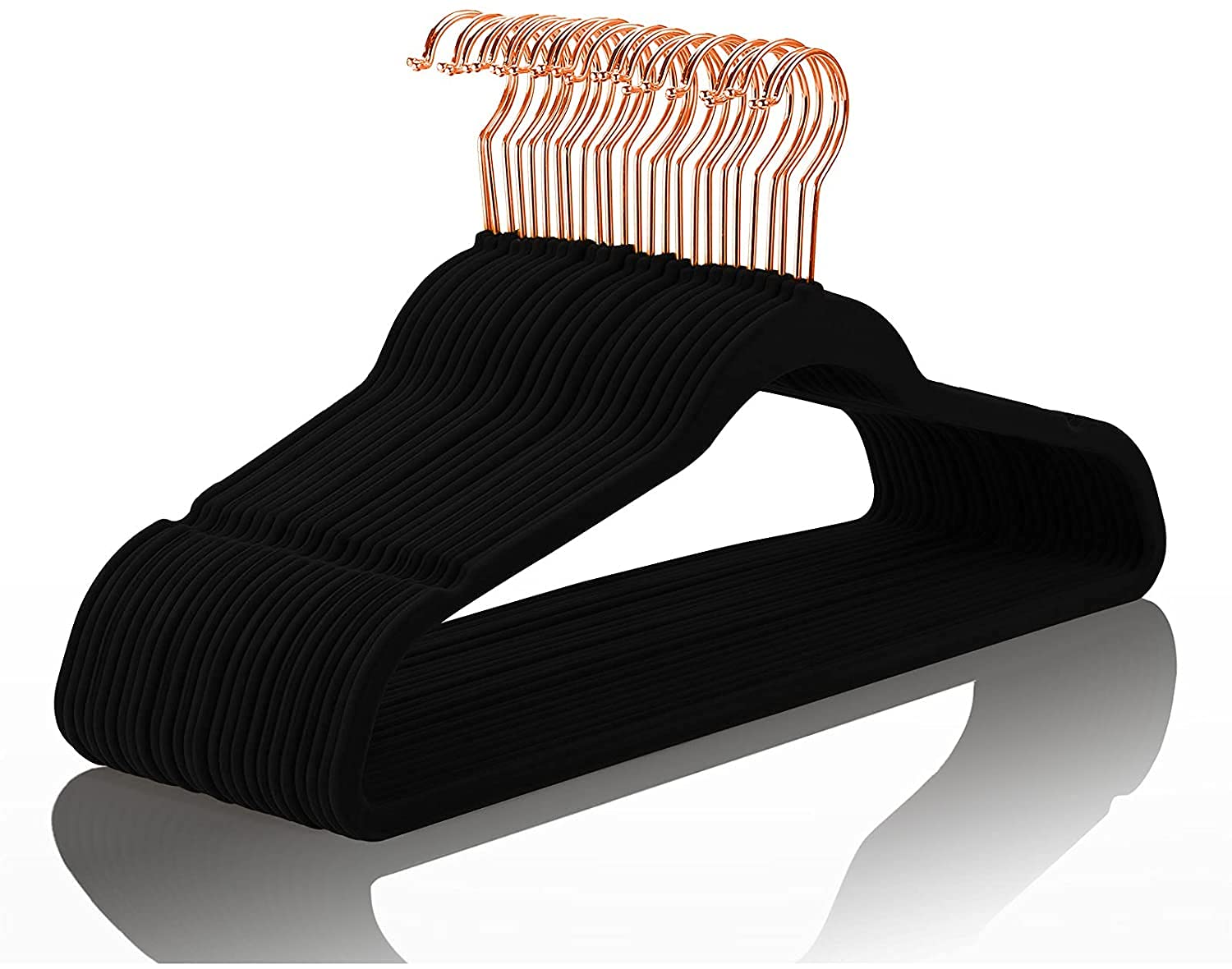 Mizgi Premium Velvet Hangers (60 Pack) Heavy Duty- Non Slip Felt Hangers - Velvet Suit Hangers Black - Rose Gold Hooks,Space Sav
