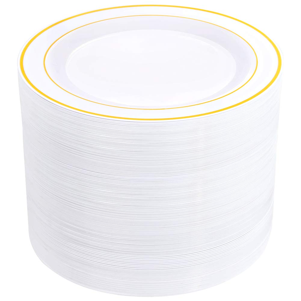 Bucla 100Pieces Gold Plastic Dinner Plates - 10.25Inch Gold Plates Disposable For Party - White And Gold Plastic Plates - Ideal