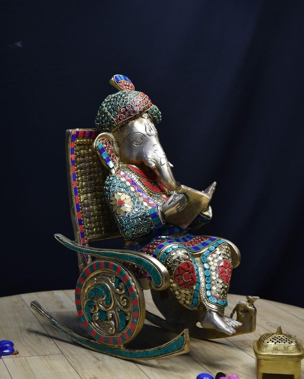 Artsikia Brass Ganesha On Chair | Lord Ganesh Sitting On Chair & Reading Book | Inlay Work Pillayar Murti | Home Decor/Showpiece