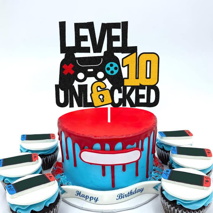 Level 10Th Unlocked Cake Topper Game Controller 10S Cake Decoration Happy 10 Birthday Cake Decor Video Play Game Movie Theme Boy