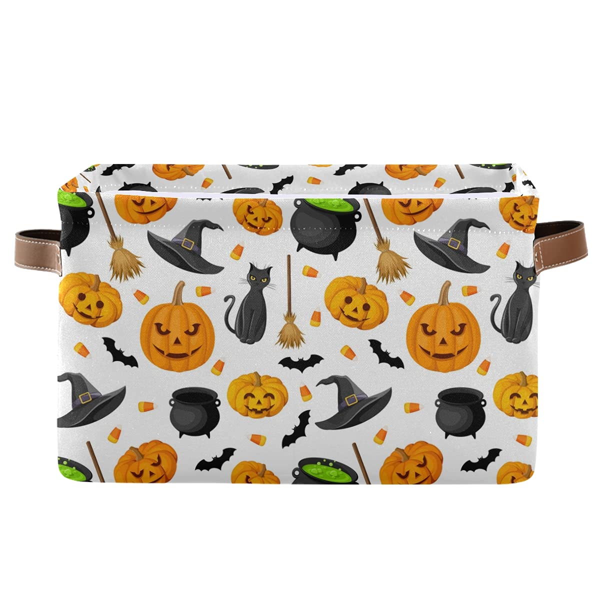 Senya Halloween Basket, Large Foldable Storage Basket With Handles Halloween Pumpkin Black Cat Ghost Bat Pattern Fabric Collapsi