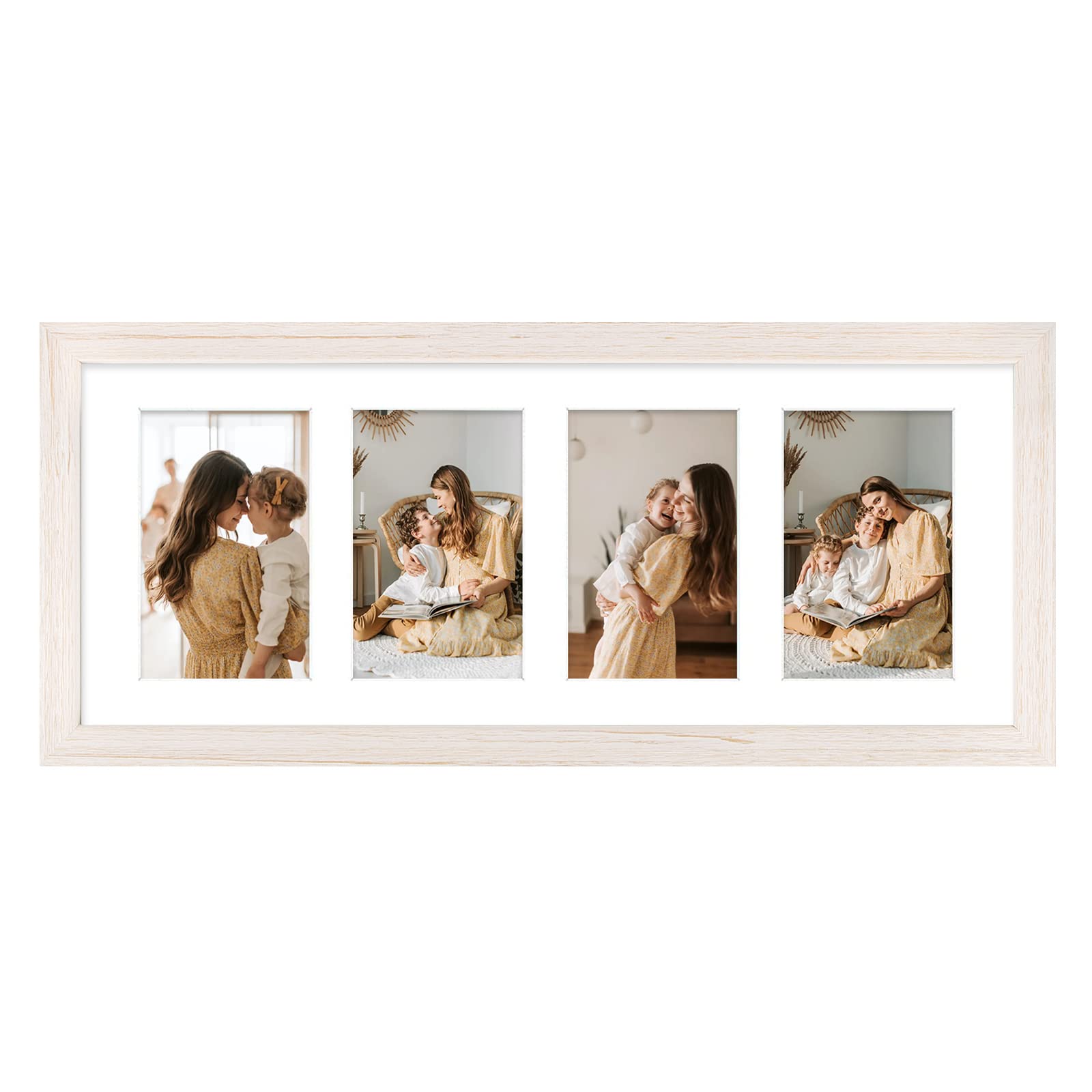 Golden State Art, 8x20 Picture Frame, Distressed White, Collage Frame Display Four 4x6 Photos, Horizontal or Vertical, HD Temper