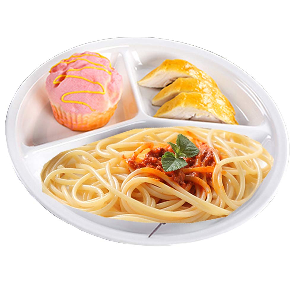 Aiyoo Reusable Dinner Plates 4 Pack 10.25 Inch Plastic White Divided Plates For Adults Camping 3-Compartment Portion Control Pla