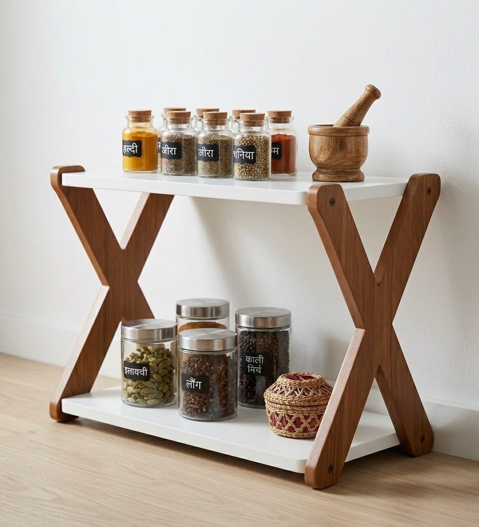 2Tier Kitchen Spice Rack Organiser, Wooden XFrame Stand