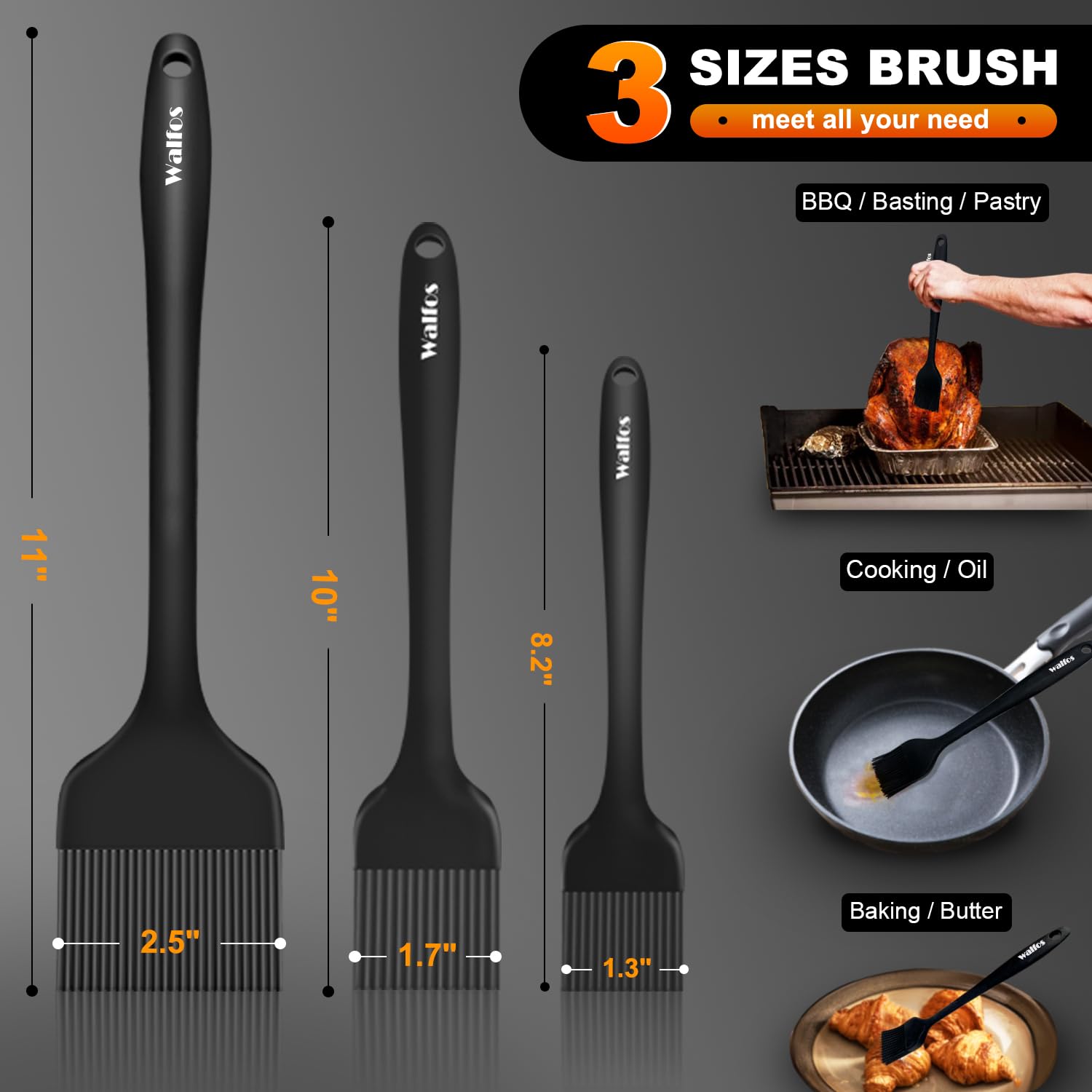 Walfos 3 Size Basting Brush  High Heat Resistant Silicone Pastry Brushes for Barbecue  Baking  Kitchen Cooking  Desserts- Strong Stainless Steel Core Technology