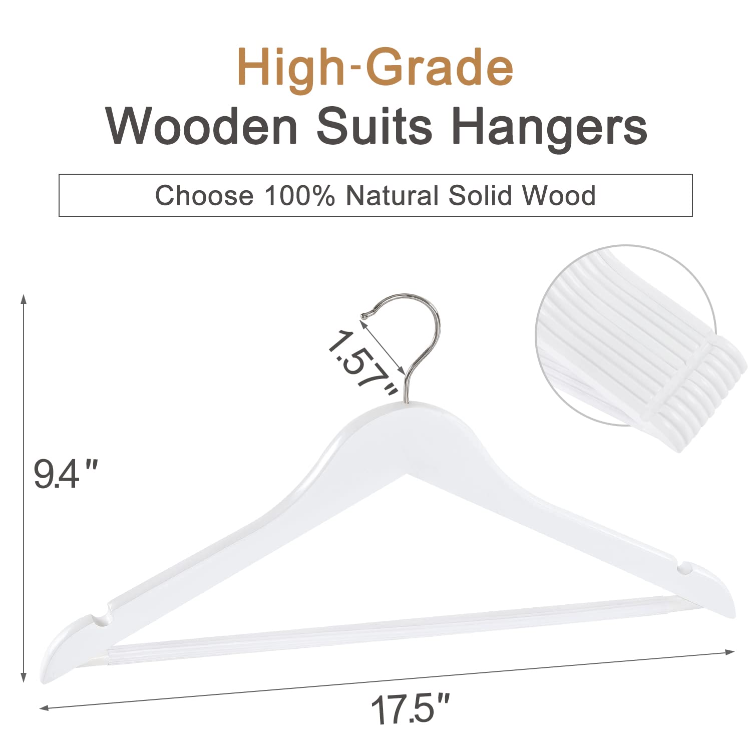 Topia Hanger Wooden Coat Hangers 30 Pack, White Wood Suit Hangers With Non Slip Pants Bar, 360 Swivel Hook And Shoulder Notches