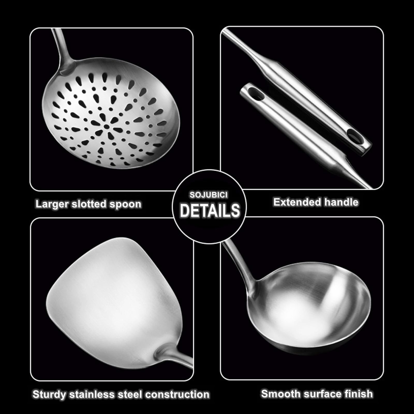Cooking Utensils Set Stainless Steel Kitchen Metal Serving Utensils Set Of 6 Pcs-Wok Spatula Ladle Set, Skimmer Slotted Spoon, P