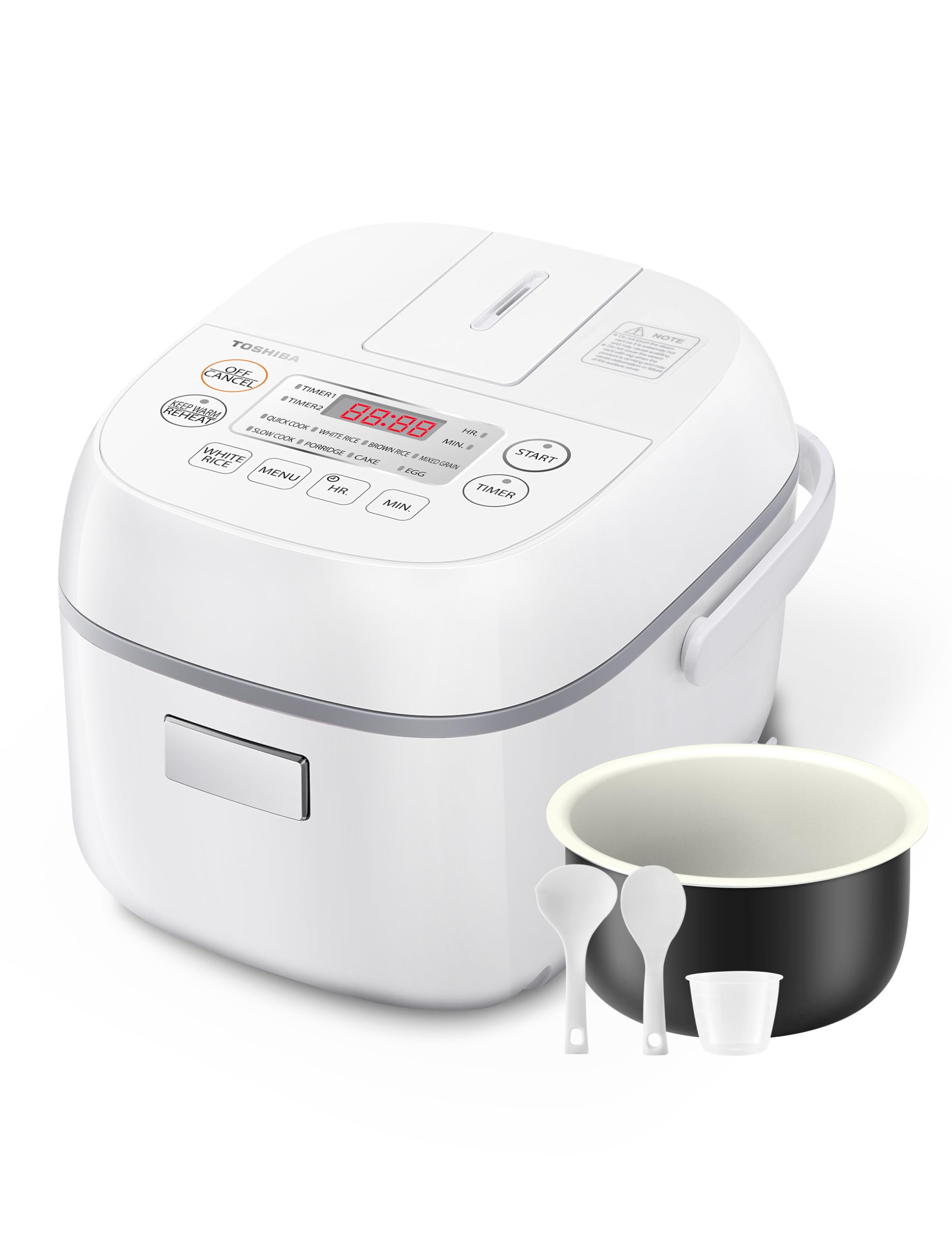 TOSHIBA Mini Rice Cooker 3 Cups, Stainless Steel, White, Model TRCS02, Fuzzy Logic, One-Touch Cooking, Auto Keep Warm