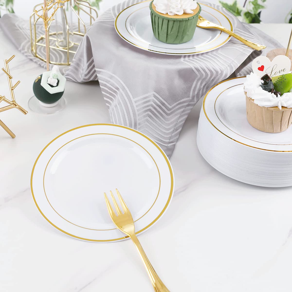 Wellife 120 Pcs Gold Plastic Dessert Plates And 120 Pcs Gold Forks, 6.5 Inch Disposable Salad Plates, Premium White Appetizer Pl