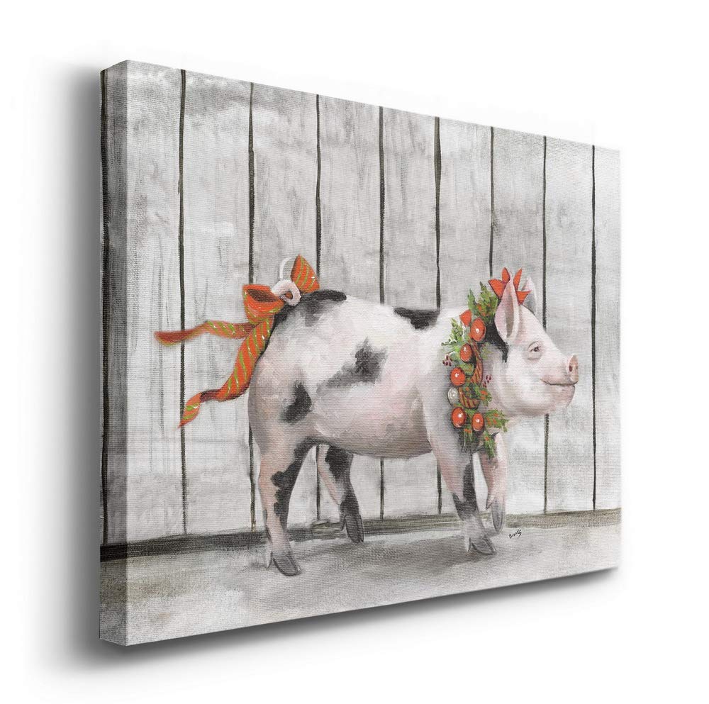 Renditions Gallery Canvas Festival Wall Art Modern Paintings & Prints Decorations Happy Christmas Pig Rustic Bow Wreath Animal W