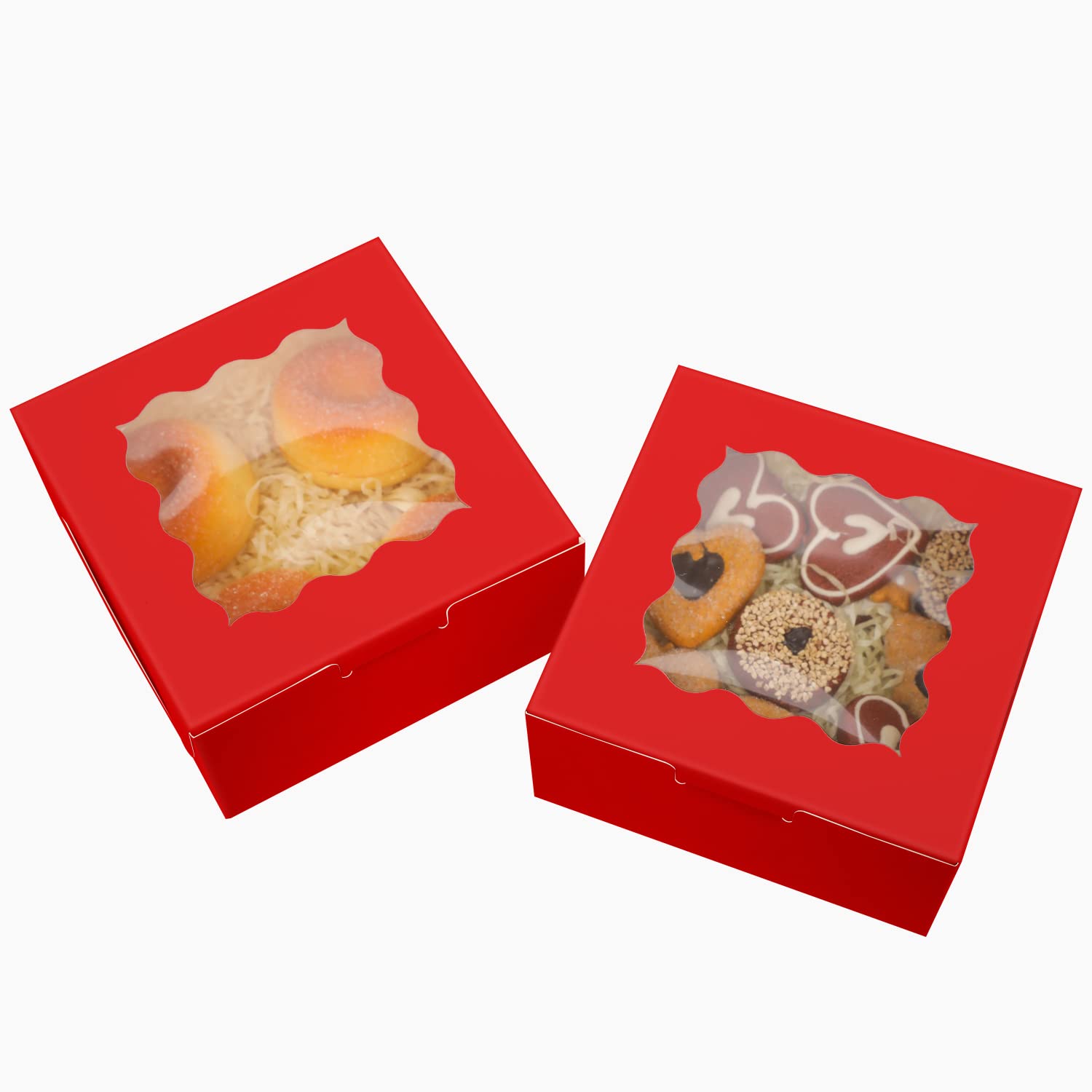 60Pcs Red Bakery Boxes With Window 6X6X3 Inches Thick & Sturdy Macaroon Pastry Boxes Cookie Boxes For Bakery