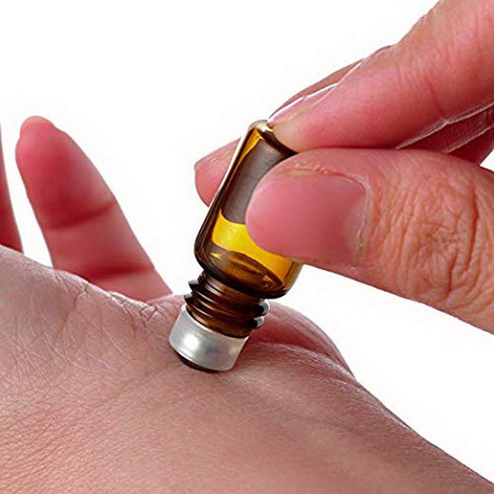 USRommaner 50 Pack 1ml Amber Glass Vials Roll On Bottle Glass Roller Bottle With Stainless Steel Roller Ball Black Cap Lid-Perfect Sample For Essential Oils Aromatherapy No Leak Free Opener&Dropper