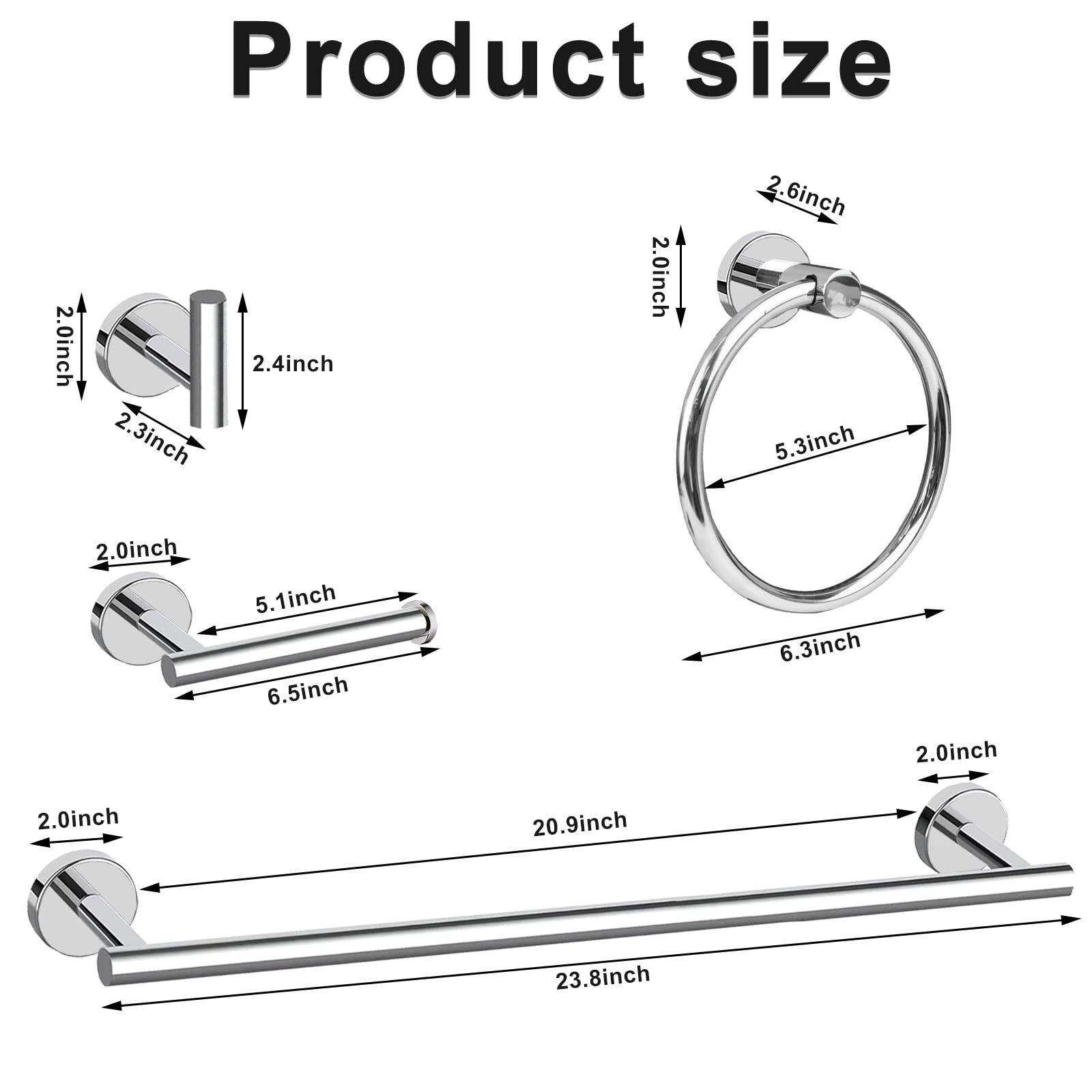 Cilee 8 Piece Polished Chrome Bathroom Hardware Set  24inch Bathroom Towel bar+Towel Ring+Toilet Paper Holder+ Robe Towel Hook  SUS304 Stainless Steel Bathroom Accessory Set