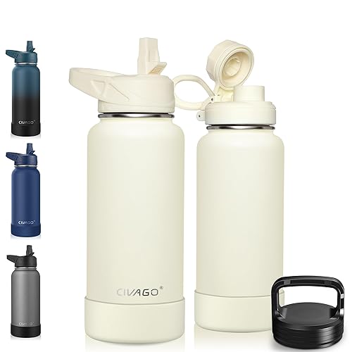 CIVAGO 32 oz Insulated Water Bottle With Straw  Stainless Steel Sports Water Flask Cup with 3 Lids (Straw  Portable Spout and Handle Lid)  Double Walled Travel Thermal Canteen Mug  Creamy White