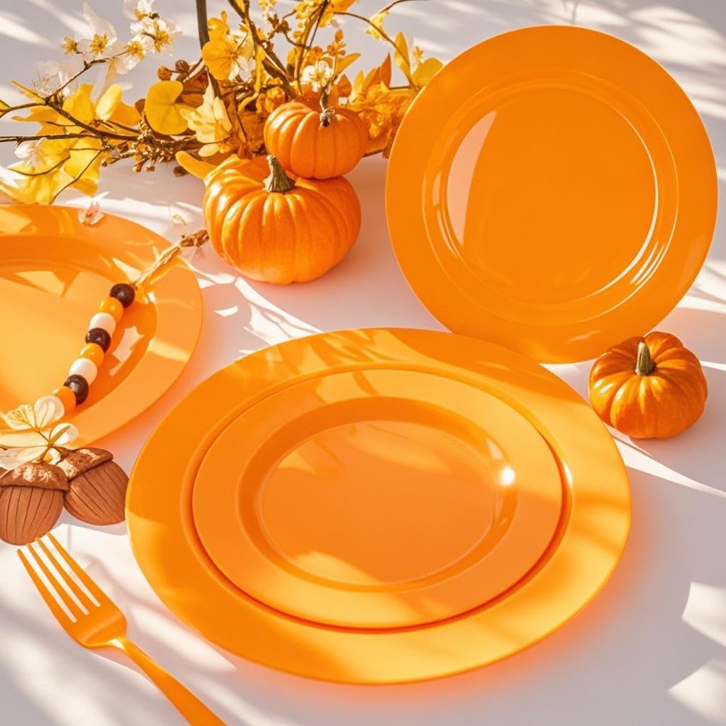 FLOWERCAT 60PCS Orange Plates - Heavy Duty Orange Plastic Plates Disposable for Halloween/Thanksgiving Party - Include 30PCS 10.25inch Orange Dinner Plates and 30PCS 7.5inch Orange Dessert Plates