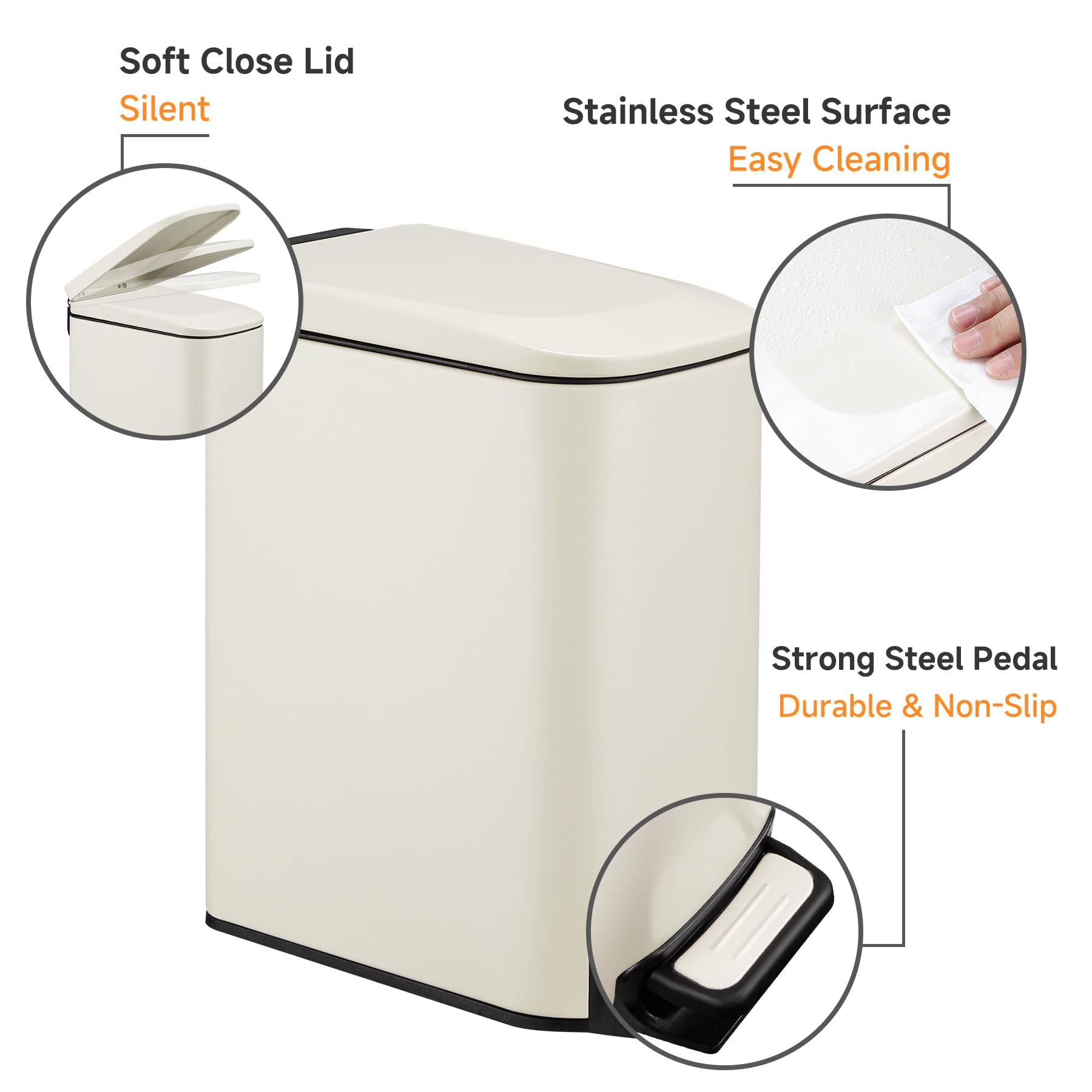 Tipgo Slim Bathroom Trash Can With Lid Soft Close, 6 Liter / 1.6 Gallon Stainless Steel Garbage With Removable Inner Bucket, Sma