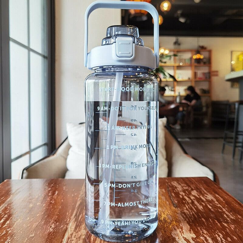MSRIBYIQ Large Capacity 2L Sports Water Bottle with Straw, Portable and Leakproof, Featuring Time Marker-Be