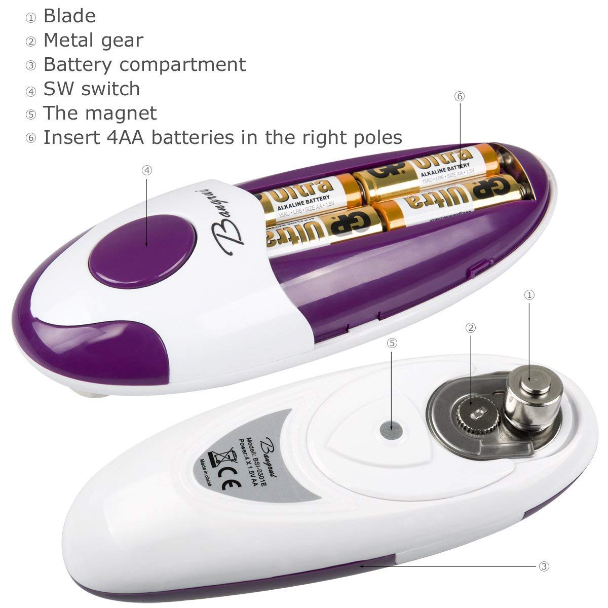 Kitchen Automatic Safety Cordless One Tin Opener&Bangrui Professional Electric Opener.One-Touch Switch .Smooth Can Edge.Being Fr