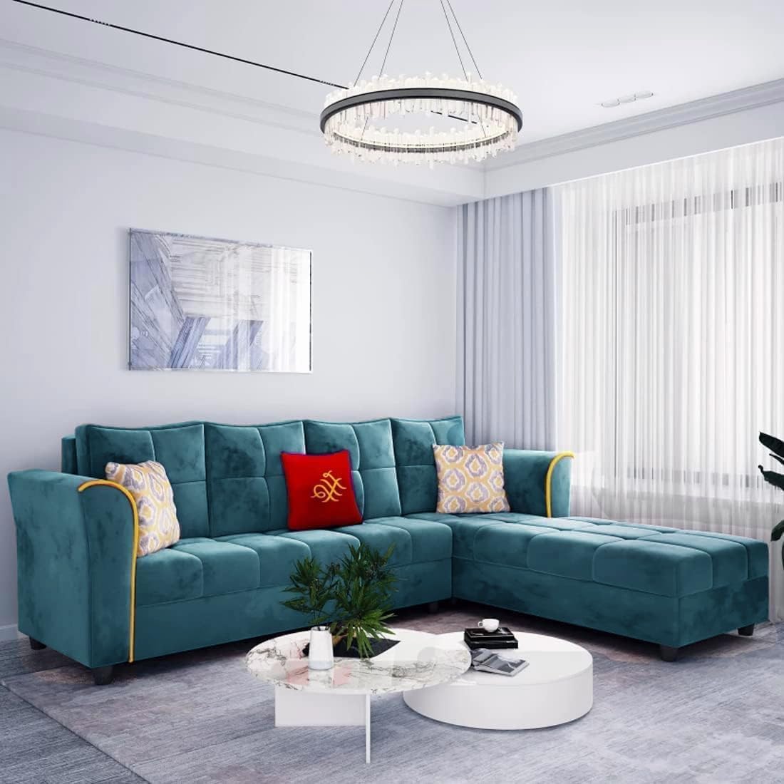 Furny Melrond 6 Seater Fabric Sectional Rhs L Shape Sofa Set (Teal)
