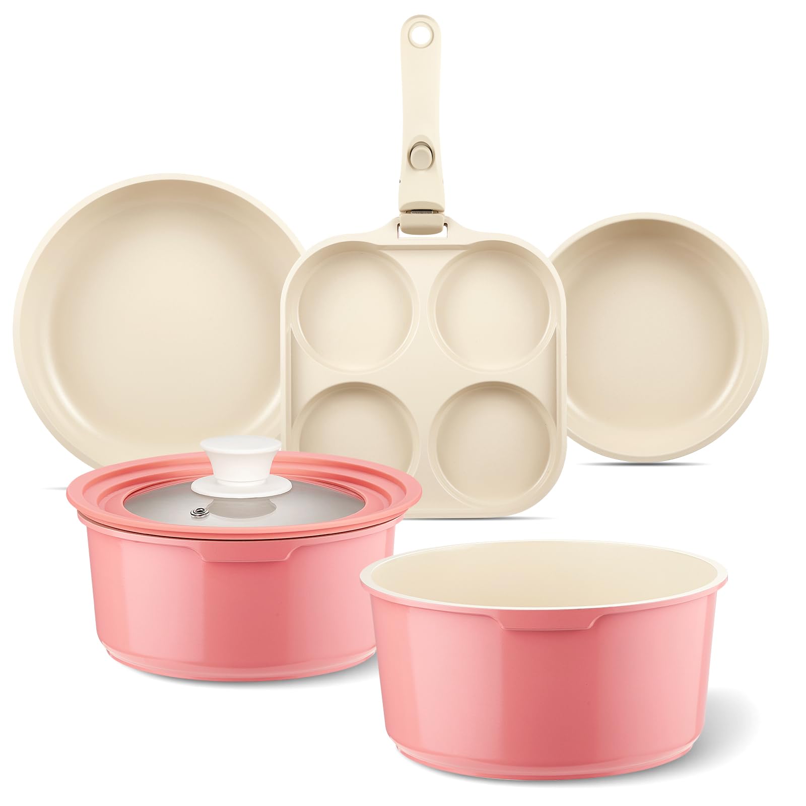 Ceramic Pots and Pans Set Non Stick, 7 Pcs Nonstick Cookware Set with Detachable Handle RV Camping Induction Kitchen Cookware Se