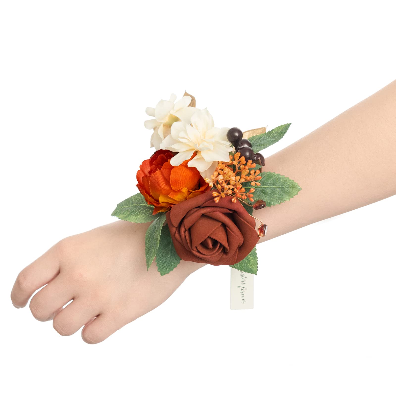 Lings Moment 6pcs Burnt Orange Wrist Corsage for Wedding, Terracotta Prom Corsages Wristlet for Girls, Women, Mothers for Anniv