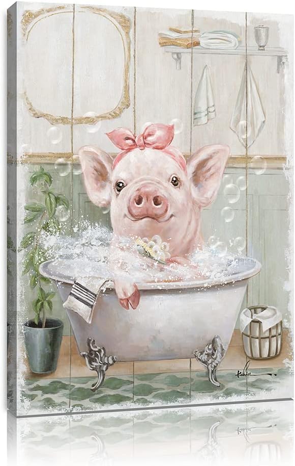 Pink Pig Bathroom Wall Art Pink Bathroom Decor Cute Animal Framed For Bedroom Living Room Kitchen And Kids Bathroom(16''X24''X1