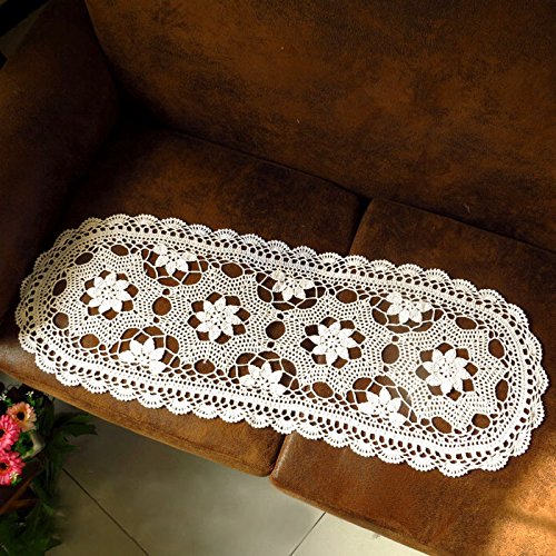 Kepswet Cotton Floral Oval Handmade Crochet Lace Table Runner Beige (12X36 Inch)