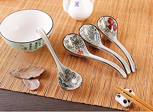Pretty Hand-Printed Ceramic Spoons With Comfortable Size For Eating Soups,Set Of 4 Long Handle Hook Spoon Soup Spoon Hand-Crafte