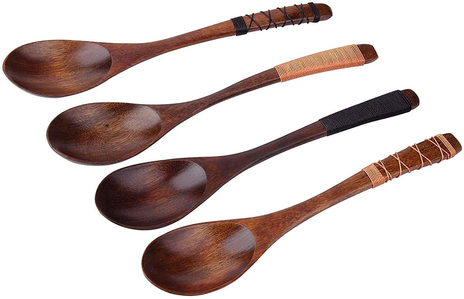 4Pc-Handmade Japanese Style Wooden Soup Spoons With Tied Line On Handle