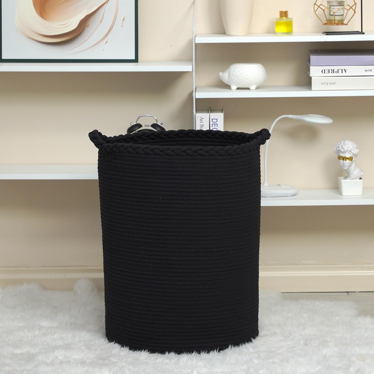 Homlikelan 72L Woven Laundry Basket,Cotton Tall Laundry Hamper For Blankets,Clothes,Pillows,Toys,Shoes Large Laundry Bin Black