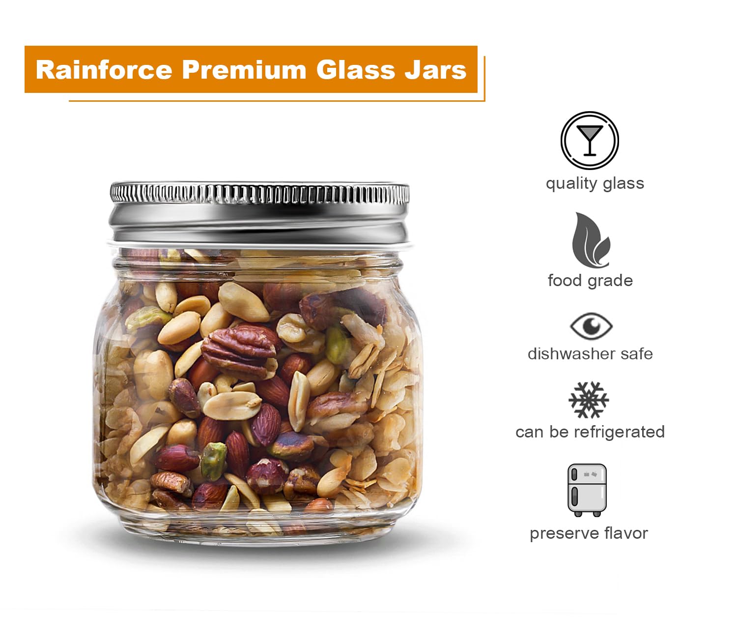 Rainforce Mason Jars 8 Oz 30 Pack- Small Mason Jars With Silver Lids -1/4 Quart Canning Jars| Storage Pickling Jars For Jelly, J