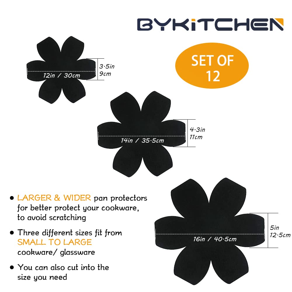 Bykitchen Pan Protectors, Set Of 12 And 3 Different Sizes, Larger & Thicker Felt Pot Pan Separators, Black Pan Dividers Protecto
