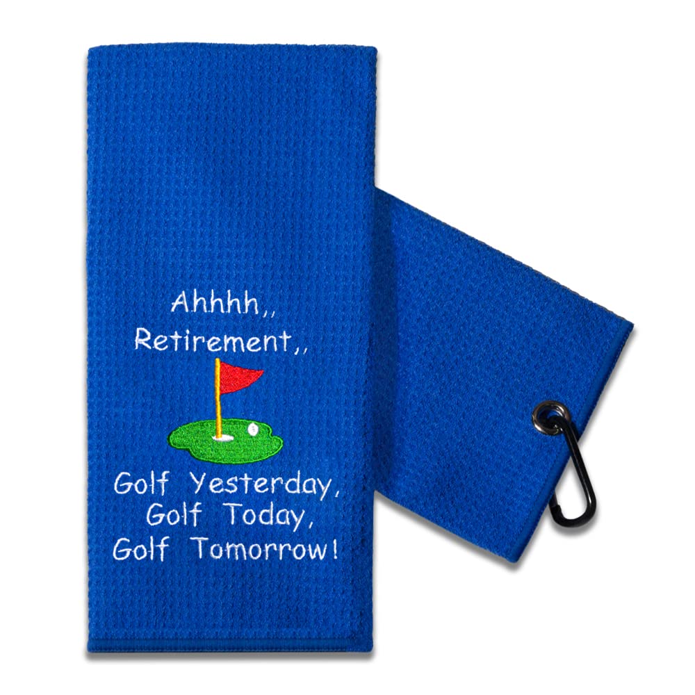 TOUNER Funny Golf Towel Gift for Dad, Retirement Gifts for Men Golfer, Embroidered Microfiber Waffle Golf Towel with Clip (Blue,