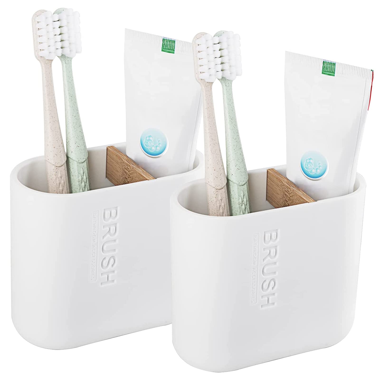 Toothbrush Holders Bamboo Electric Toothbrush Holder Bathroom Storage Organizer Countertop For Toothpaste, Floss, Razor, 2 Pack