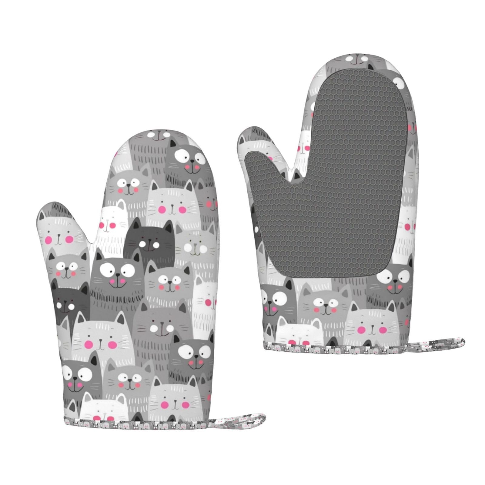 Ouqiuwa Hipster Cartoon Cute Cat Kitten Gray Oven Mitt/Glove For Easy Gripping Set Of 2 Kitchen Accessories