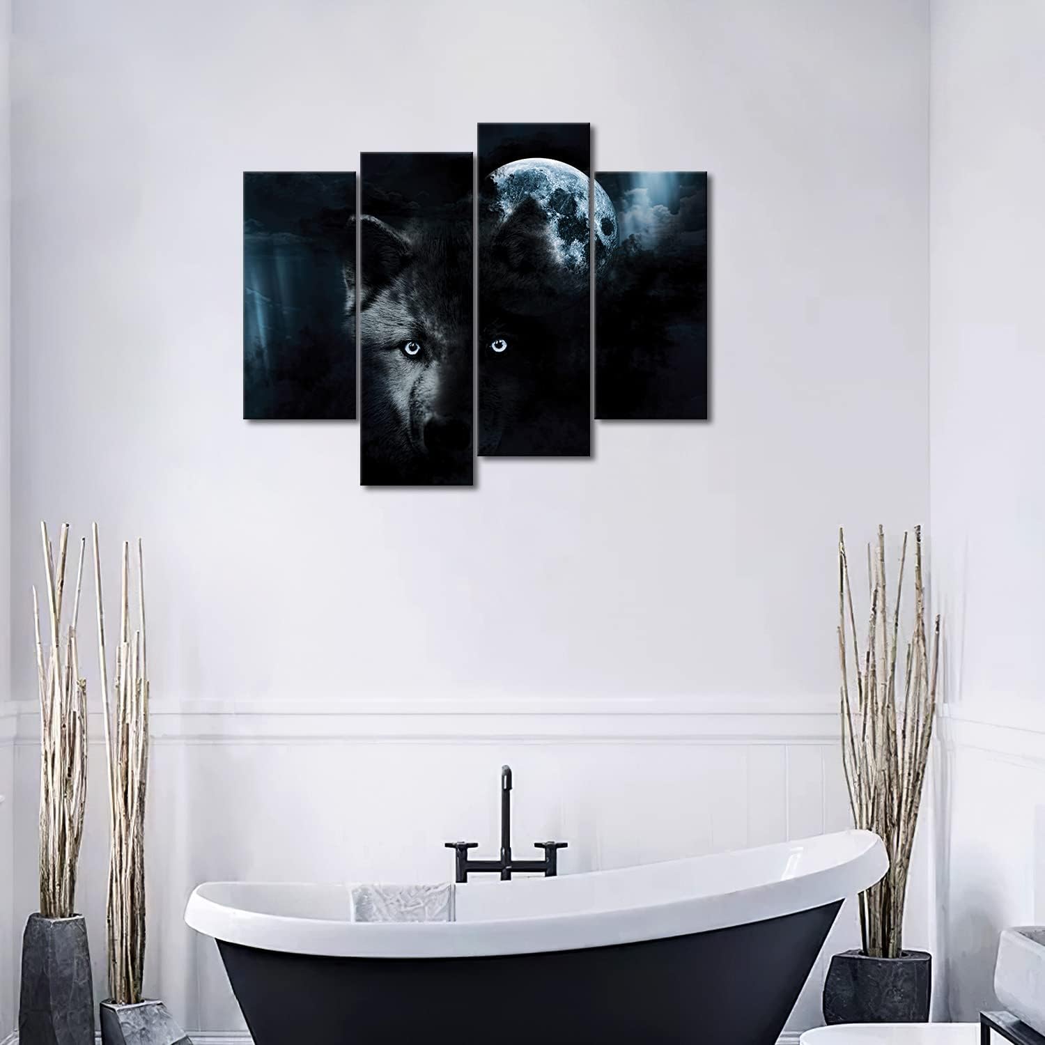 4 Panel Wall Art Black Wolf And Full Moon Painting The Picture Print On Canvas Animal Pictures For Home Decor Decoration Gift Pi