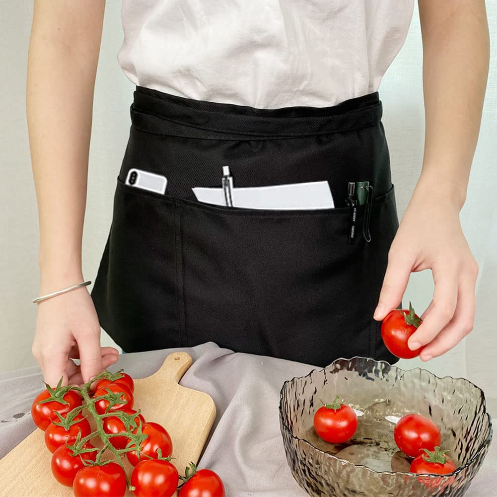 Lruuidde Server Aprons With 3 Pockets, Black Server Waist Aprons, Waitress Half Apron,Waterdrop Resistant Waitress Apron (Black-