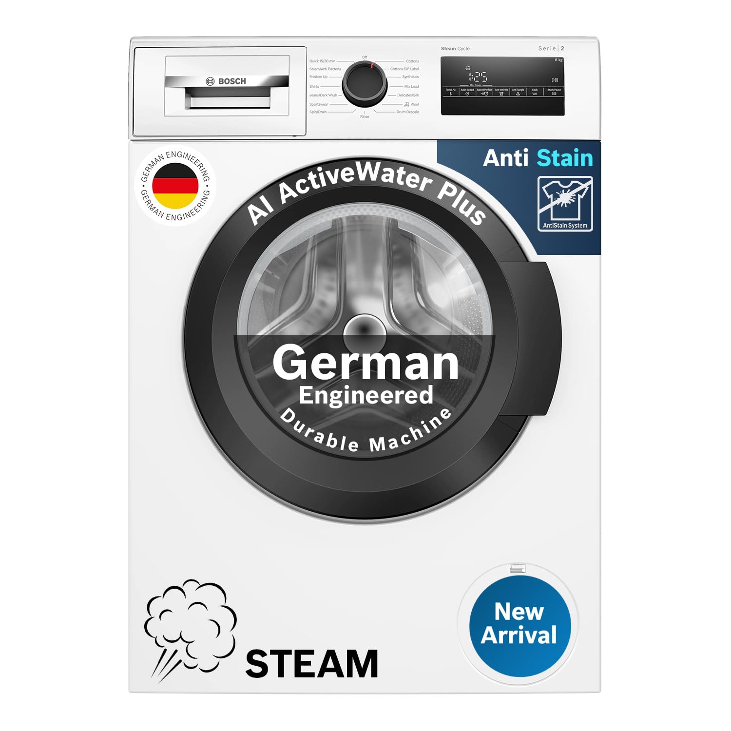 Bosch 8 Kg 5 Star Front Load FullyAutomatic Washing Machine, Ai Activewater, 15 Wash Programs, Removes 99.9% Germs With Steam, 