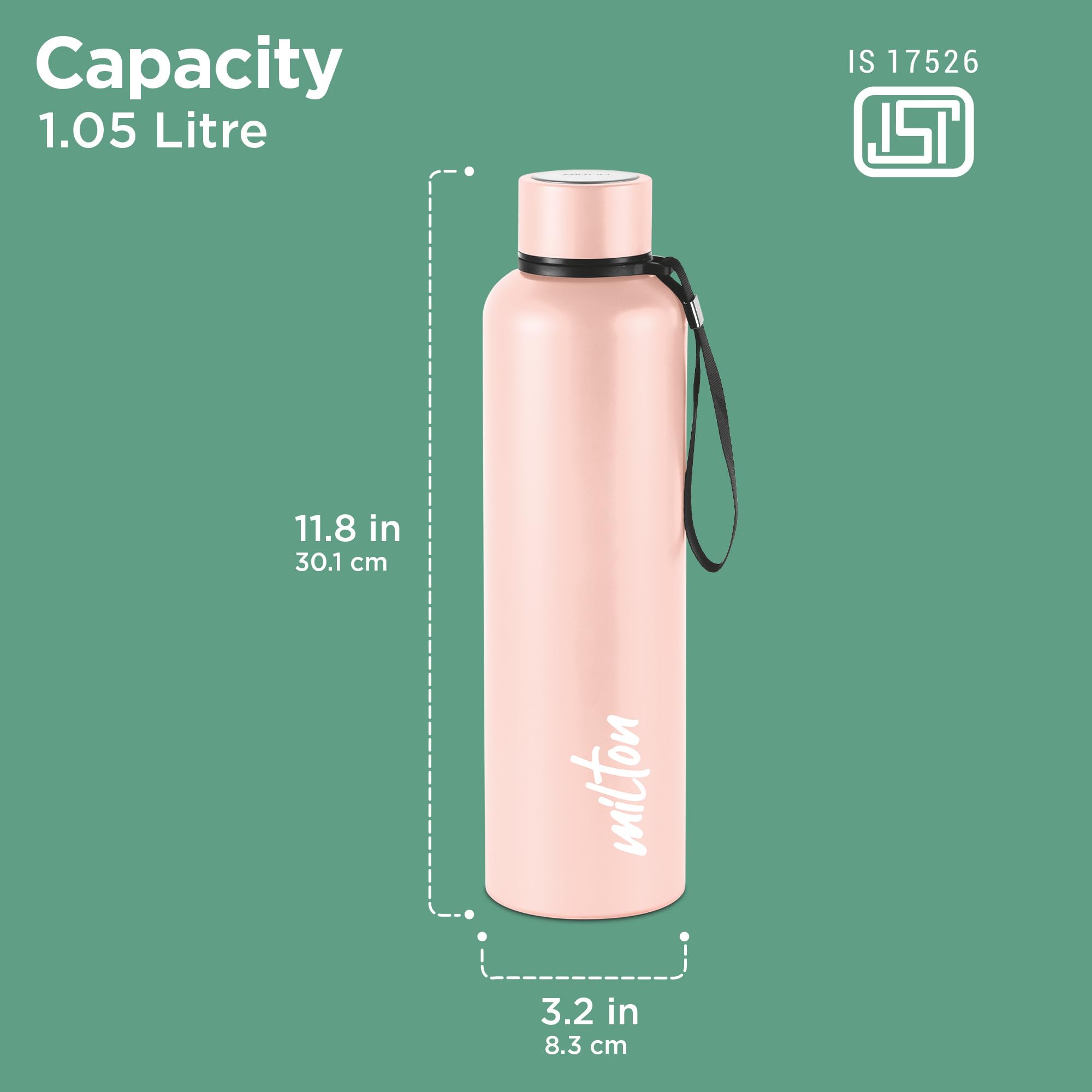 Milton Aura 1000 Thermosteel Bottle, 1.05 litre, Beige | 24 Hours Hot and Cold | Easy to Carry | Rust & Leak Proof | Tea | Coffe